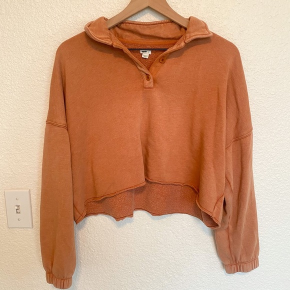 aerie Sweaters - Aerie Henley Cropped Pullover Button up Slouchy Oversized Sweater Orange